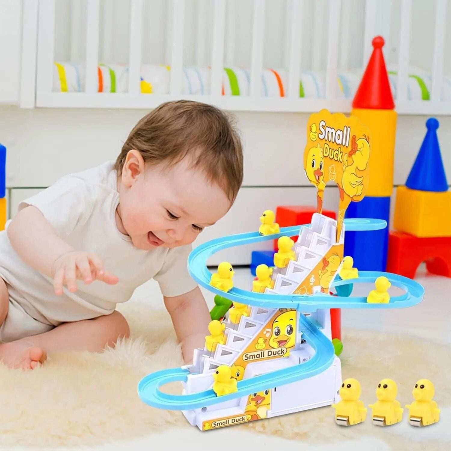 Electric Duck Climbing Stairs Toy with Music & LED Lights | Qryptora